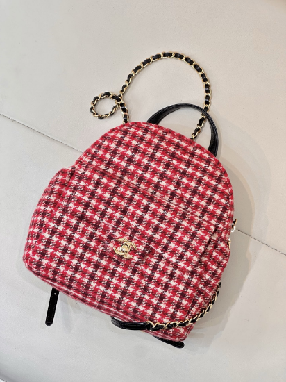 Picture of The tweed with a red and white houndstooth pattern is paired with a double-shoulder bag style.